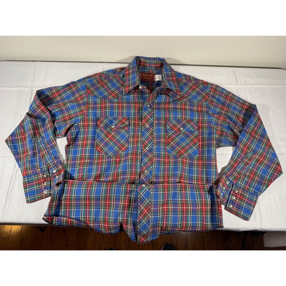 Vintage 80s Rustler Mens Plaid Pearl Snap Western Shirt X-Long Tails 16.5 32/33